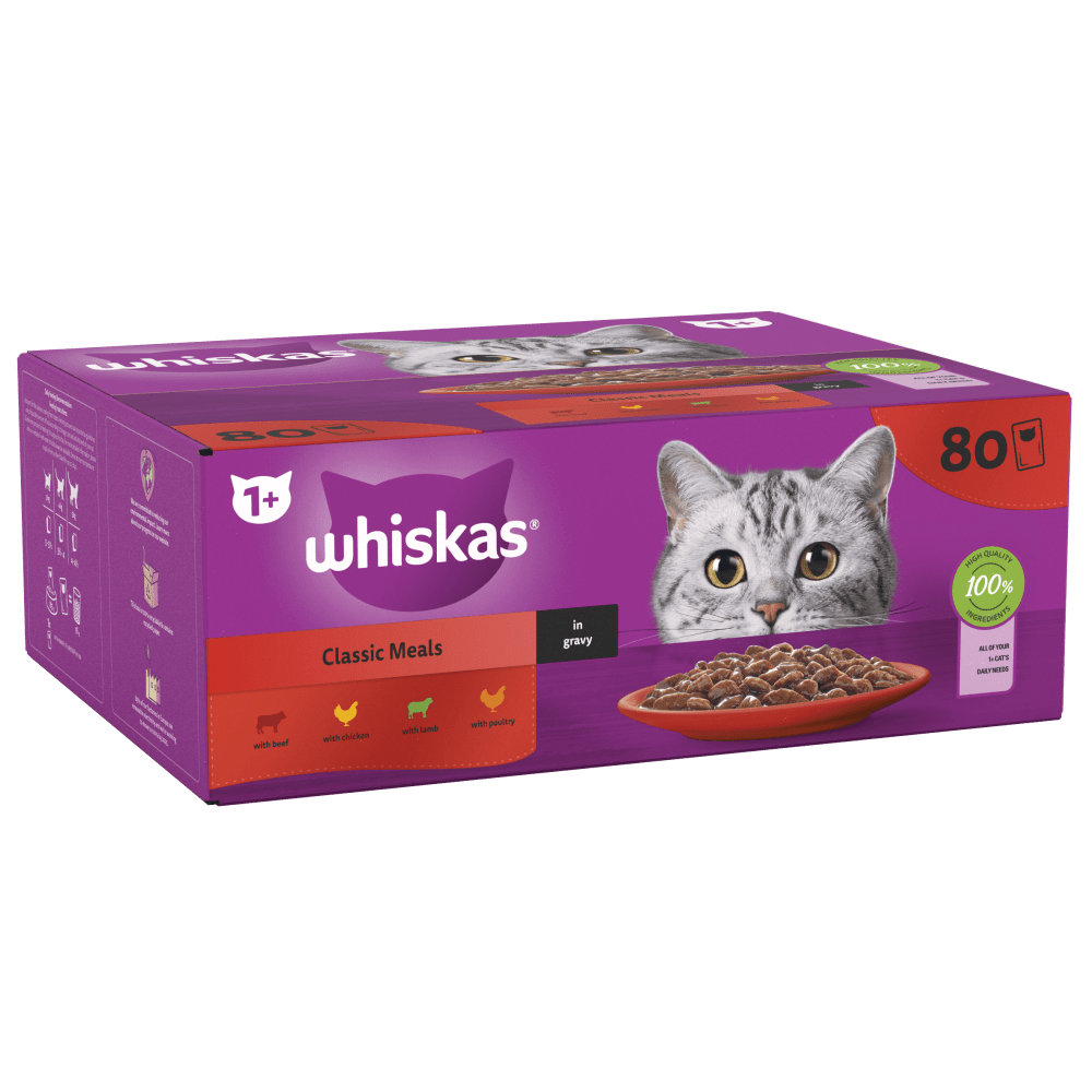 WHISKAS® Classic Meals in Gravy 1+ Adult Wet Cat Food Pouches 80 x 85g - 1